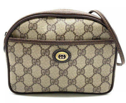 70s / 80s Era Vintage Gucci Monogram Canvas Oval Crossbody Bag – Brown GG Supreme with Leather Trim and Gold-Tone Hardware