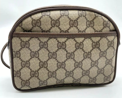 70s / 80s Era Vintage Gucci Monogram Canvas Oval Crossbody Bag – Brown GG Supreme with Leather Trim and Gold-Tone Hardware