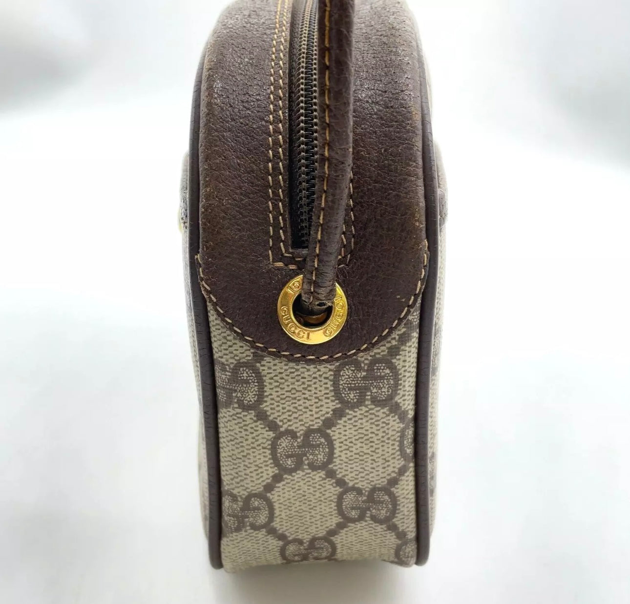 70s / 80s Era Vintage Gucci Monogram Canvas Oval Crossbody Bag – Brown GG Supreme with Leather Trim and Gold-Tone Hardware