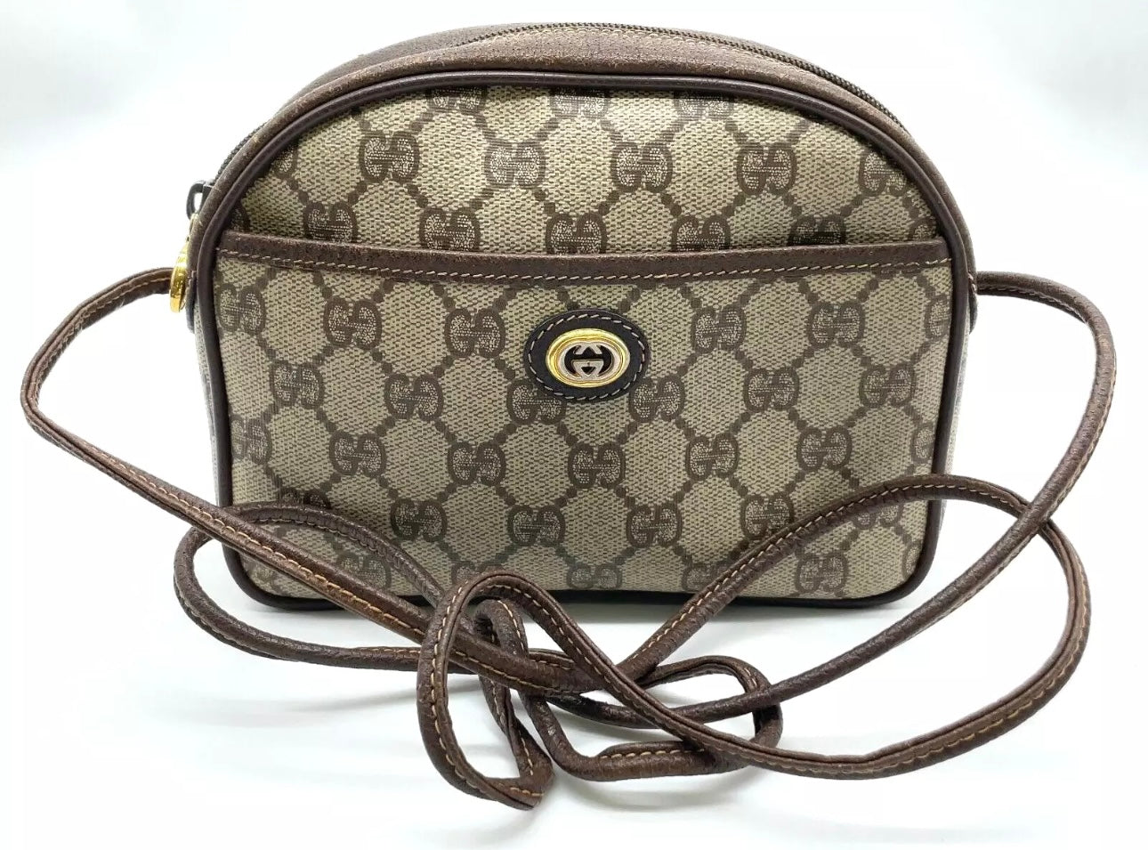 70s / 80s Era Vintage Gucci Monogram Canvas Oval Crossbody Bag – Brown GG Supreme with Leather Trim and Gold-Tone Hardware